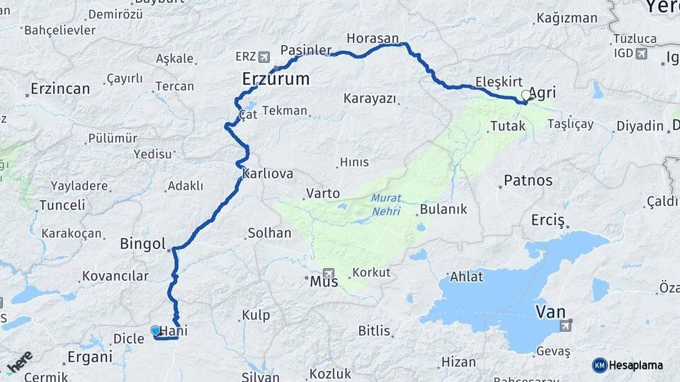 Diyarbakır Hani Ağrı Arası Kaç Km - Yol Haritası