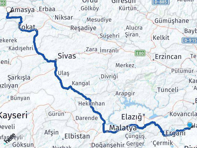 Diyarbakır Hani Amasya Arası Kaç Km - Yol Haritası