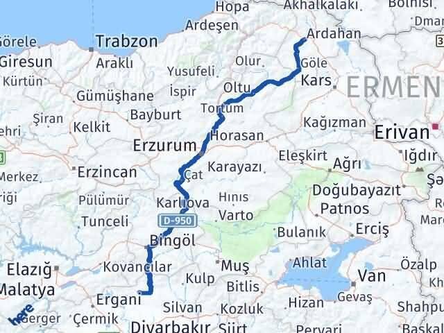 Diyarbakır Hani Ardahan Arası Kaç Km - Yol Haritası