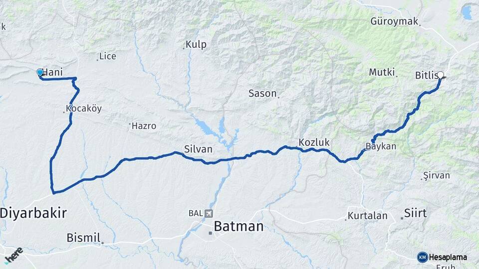 Diyarbakır Hani Bitlis Arası Kaç Km - Yol Haritası