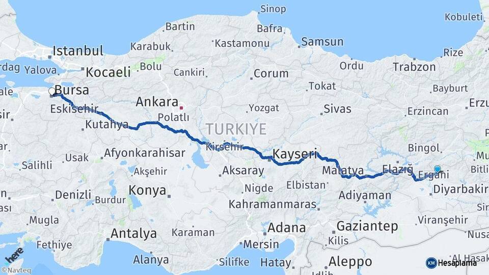 Diyarbakır Hani Bursa Arası Kaç Km - Yol Haritası