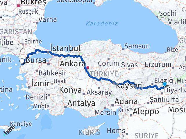 Diyarbakır Hani Çanakkale Arası Kaç Km - Yol Haritası