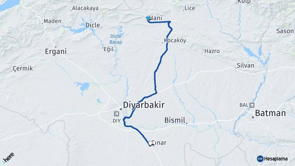 Diyarbakır Hani Çınar Arası Kaç Km - Yol Haritası