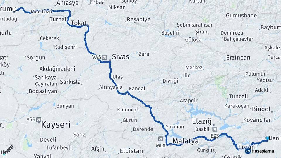 Diyarbakır Hani Çorum Arası Kaç Km - Yol Haritası