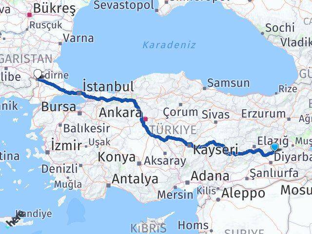 Diyarbakır Hani Edirne Arası Kaç Km - Yol Haritası