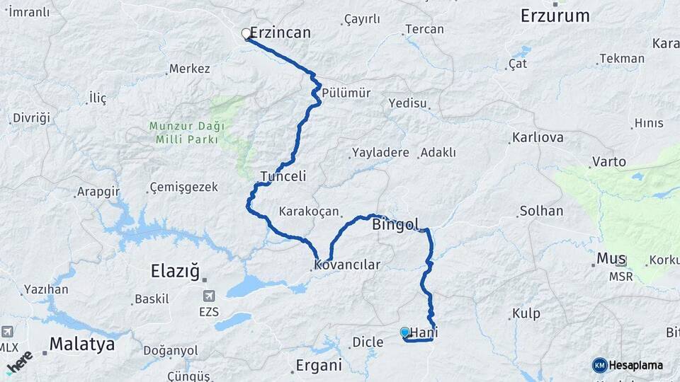 Diyarbakır Hani Erzincan Arası Kaç Km - Yol Haritası