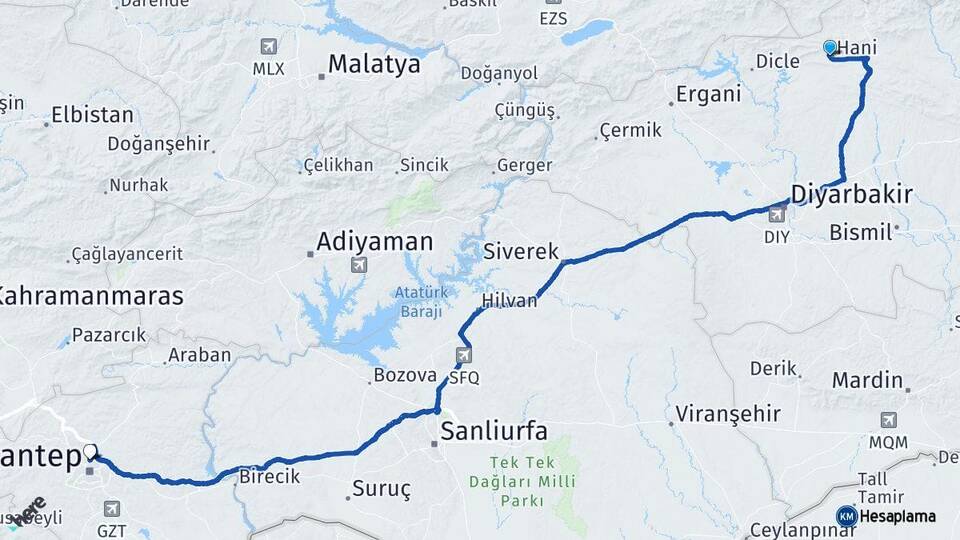Diyarbakır Hani Gaziantep Arası Kaç Km - Yol Haritası