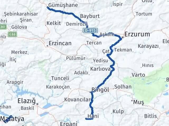 Diyarbakır Hani Gümüşhane Arası Kaç Km - Yol Haritası