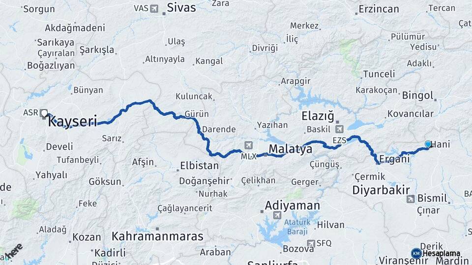 Diyarbakır Hani Kayseri Arası Kaç Km - Yol Haritası