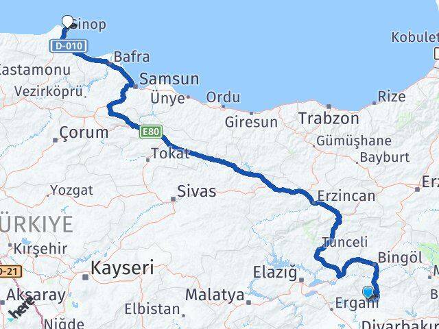 Diyarbakır Hani Sinop Arası Kaç Km - Yol Haritası