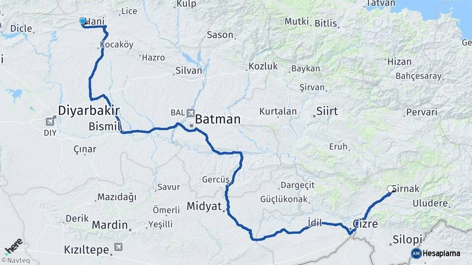 Diyarbakır Hani Şırnak Arası Kaç Km - Yol Haritası