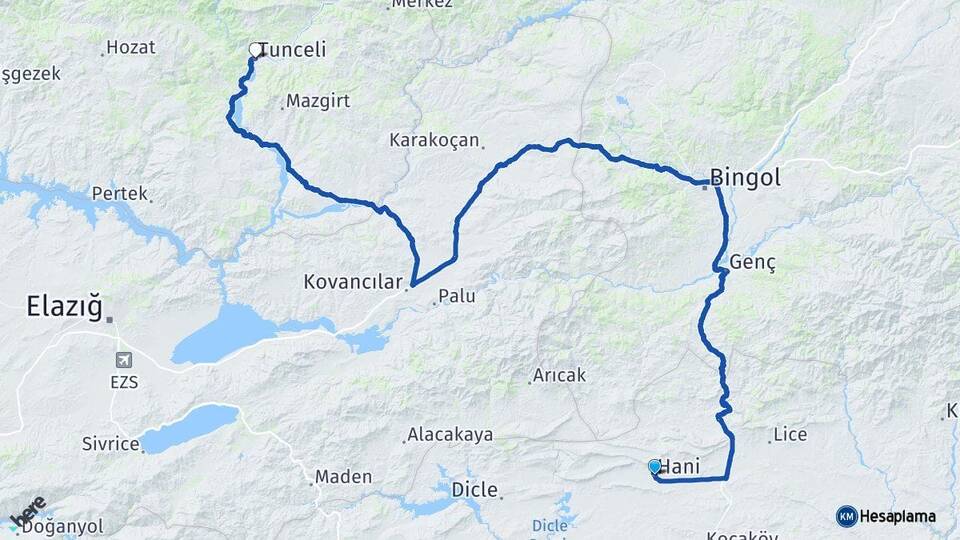 Diyarbakır Hani Tunceli Arası Kaç Km - Yol Haritası