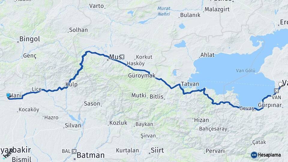 Diyarbakır Hani Van Arası Kaç Km - Yol Haritası