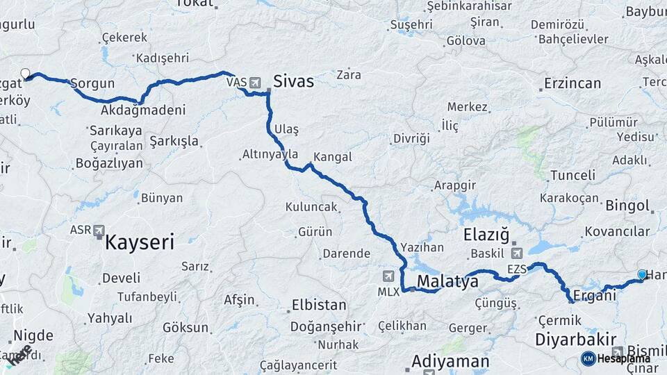 Diyarbakır Hani Yozgat Arası Kaç Km - Yol Haritası