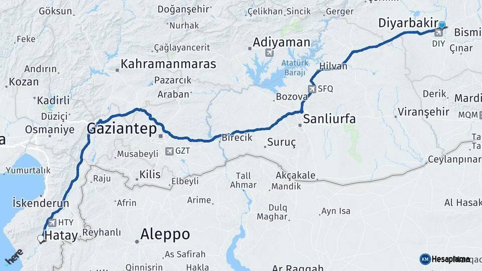 Diyarbakır Hatay Arası Kaç Km - Yol Haritası