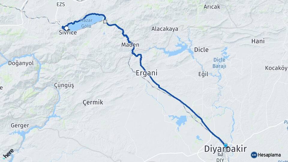 Diyarbakır Hazar Sivrice Elazığ Arası Kaç Km - Yol Haritası