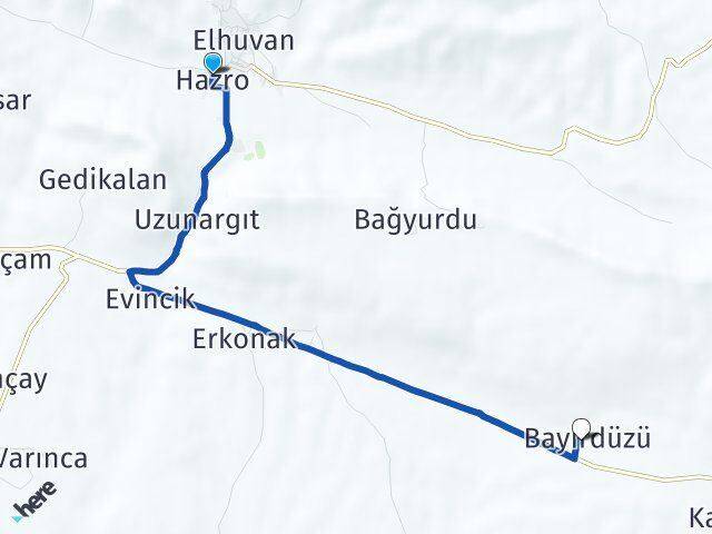 Diyarbakır Hazro Bayırdüzü Hazro Arası Kaç Km - Yol Haritası