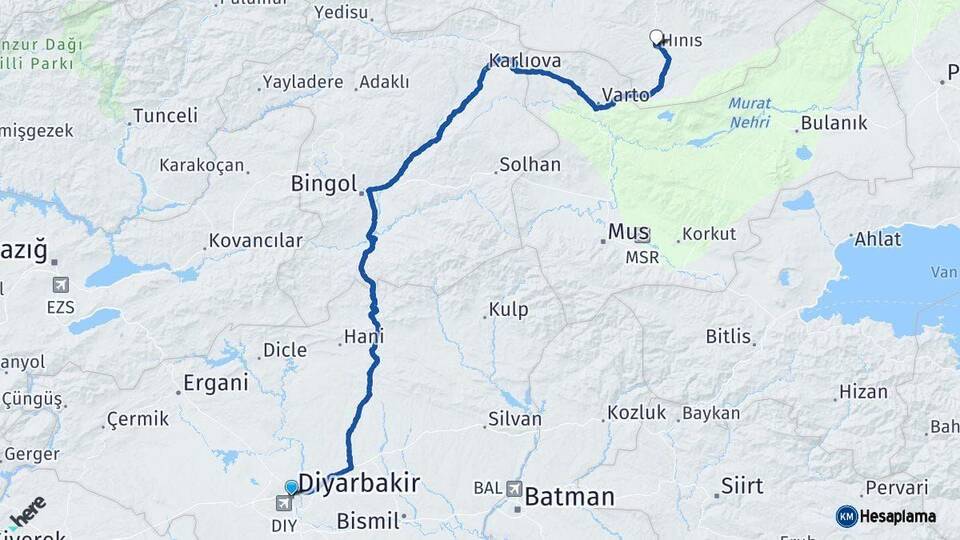 Diyarbakır Hınıs Erzurum Arası Kaç Km - Yol Haritası