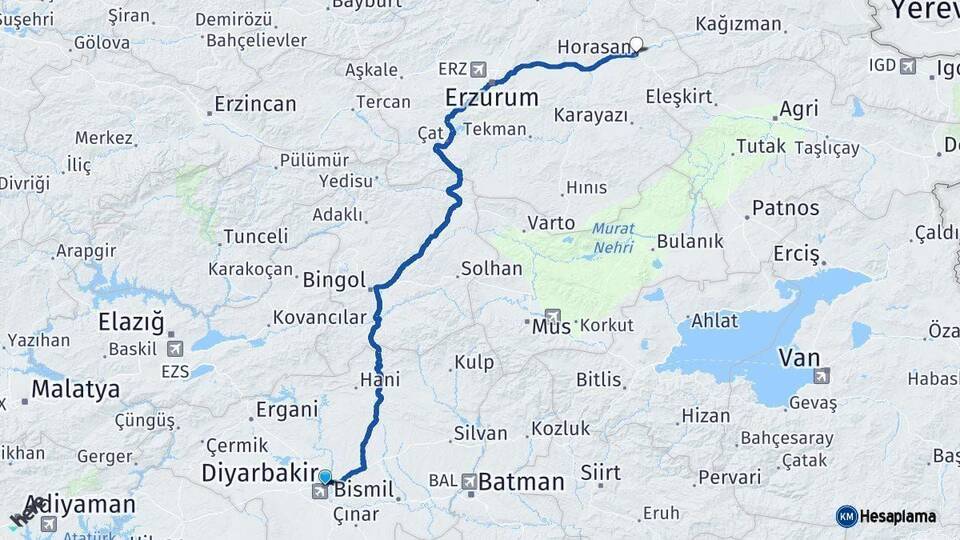 Diyarbakır Horasan Erzurum Arası Kaç Km - Yol Haritası