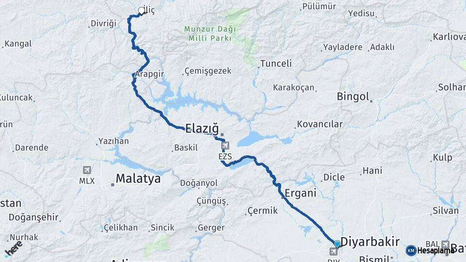 Diyarbakır İliç Erzincan Arası Kaç Km - Yol Haritası