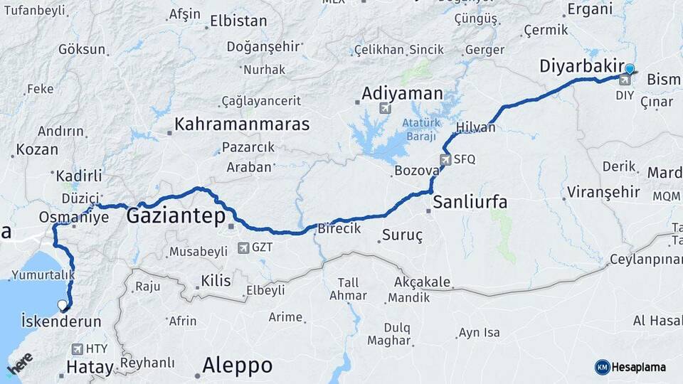 Diyarbakır İskenderun Hatay Arası Kaç Km - Yol Haritası
