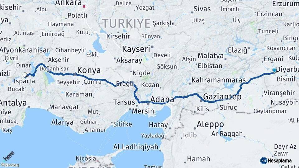 Diyarbakır Isparta Arası Kaç Km - Yol Haritası