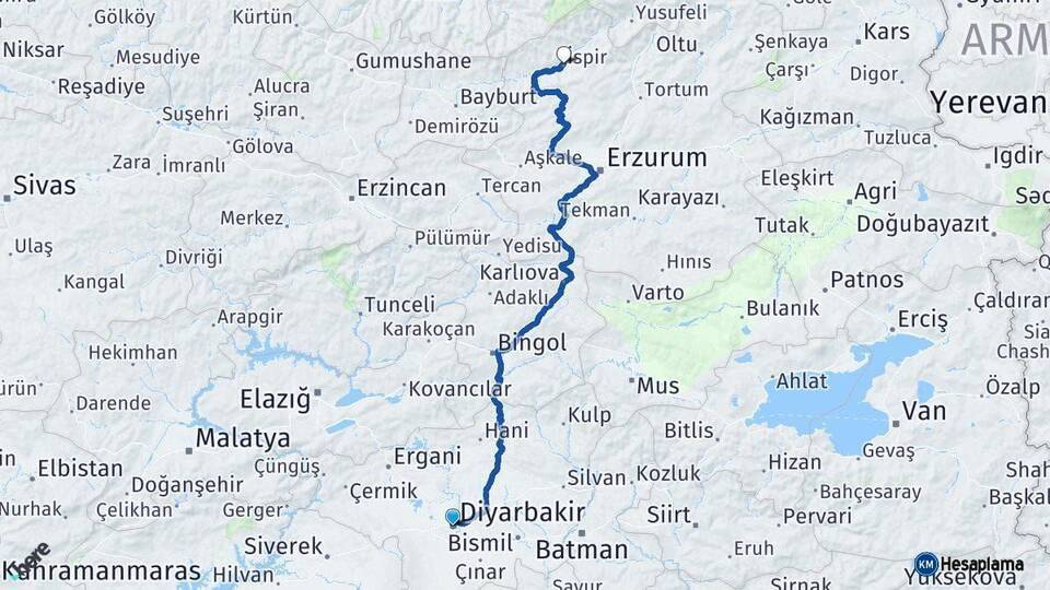 Diyarbakır İspir Arası Kaç Km - Yol Tarifi