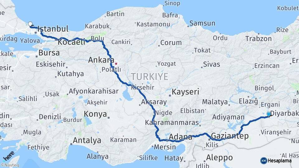 Diyarbakır İstanbul Havalimanı Arası Kaç Km - Yol Haritası