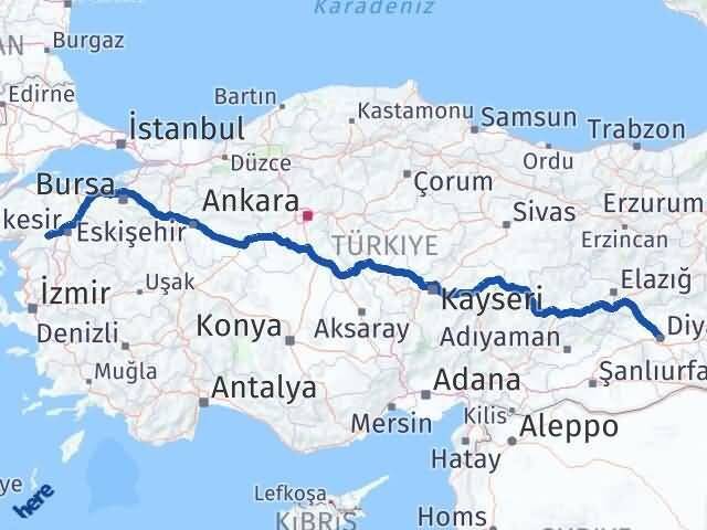 Diyarbakır İvrindi Balıkesir Arası Kaç Km - Yol Haritası