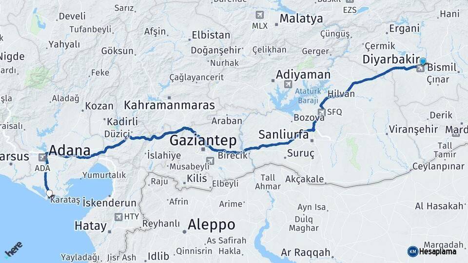 Diyarbakır Karataş Adana Arası Kaç Km - Yol Haritası