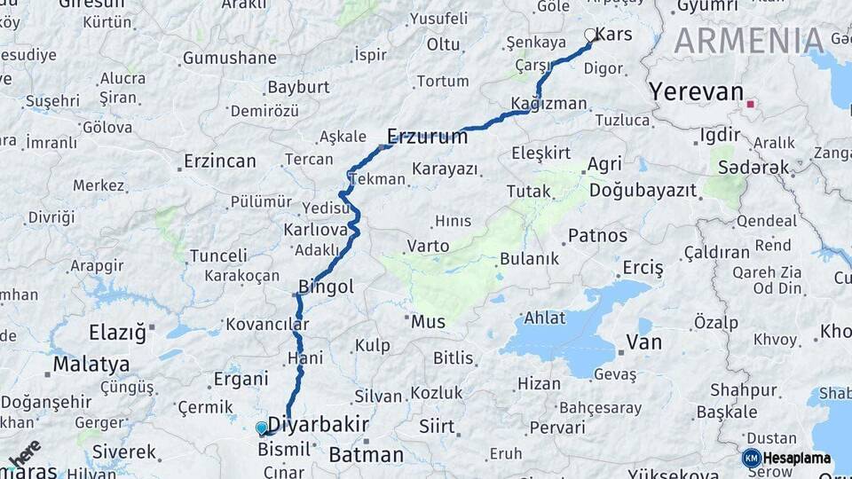 Diyarbakır Kars Arası Kaç Km - Yol Haritası