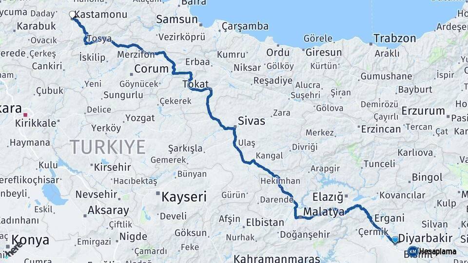 Diyarbakır Kastamonu Arası Kaç Km - Yol Haritası