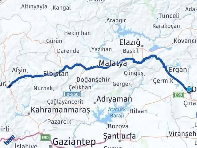 Diyarbakır Kayapınar Göksun Kahramanmaraş Arası Kaç Km - Yol Haritası