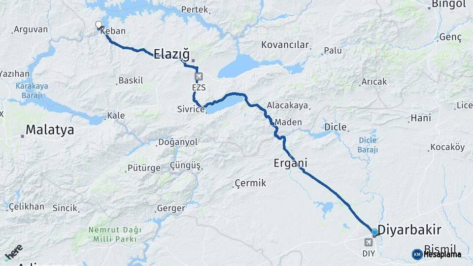 Diyarbakır Keban Elazığ Arası Kaç Km - Yol Haritası