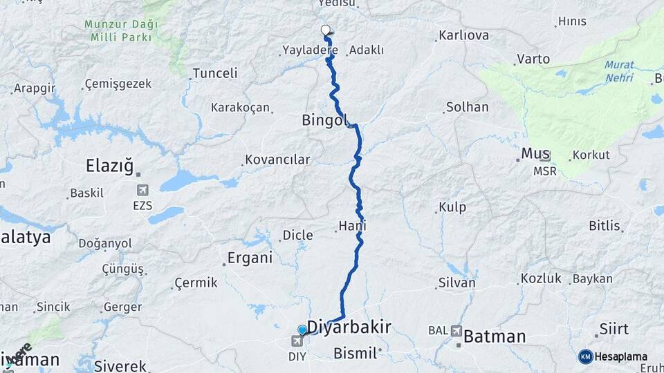Diyarbakır Kiğı Bingöl Arası Kaç Km - Yol Haritası