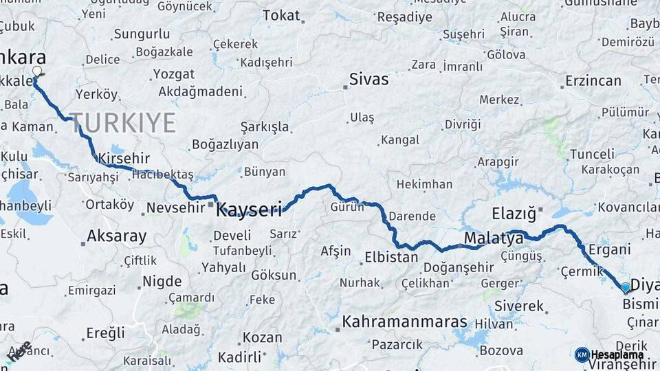 Diyarbakır Kırıkkale Arası Kaç Km - Yol Haritası