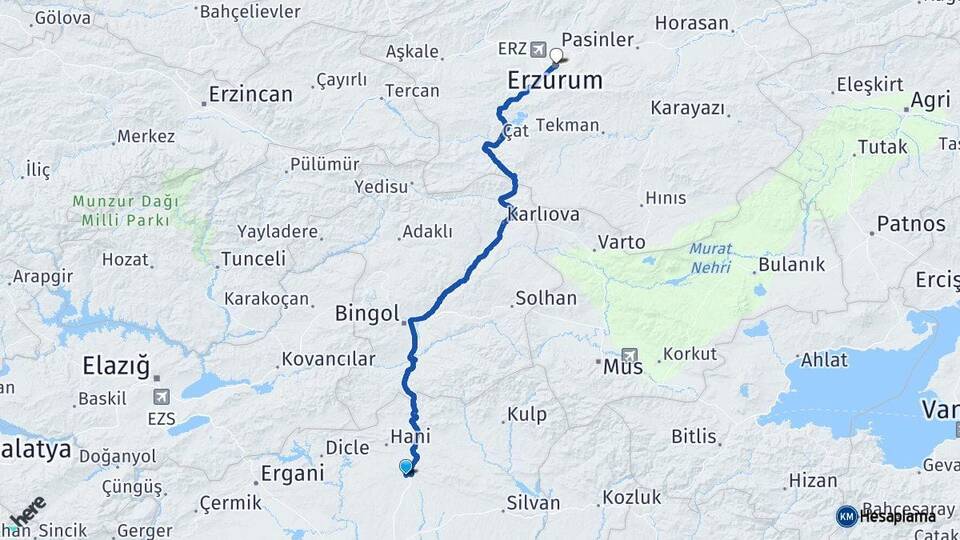 Diyarbakır Kocaköy Erzurum Arası Kaç Km - Yol Haritası