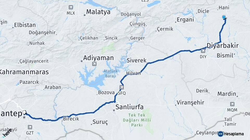 Diyarbakır Kocaköy Gaziantep Arası Kaç Km - Yol Haritası