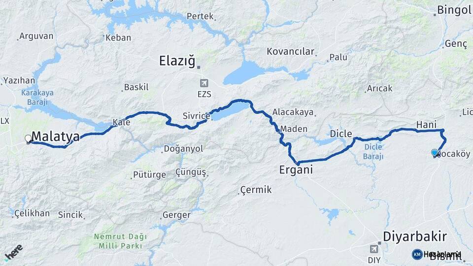Diyarbakır Kocaköy Malatya Arası Kaç Km - Yol Haritası