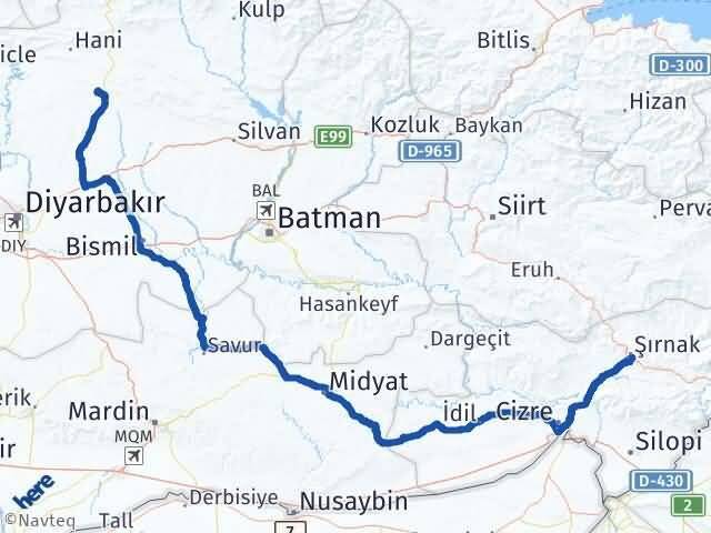 Diyarbakır Kocaköy Şırnak Arası Kaç Km - Yol Haritası