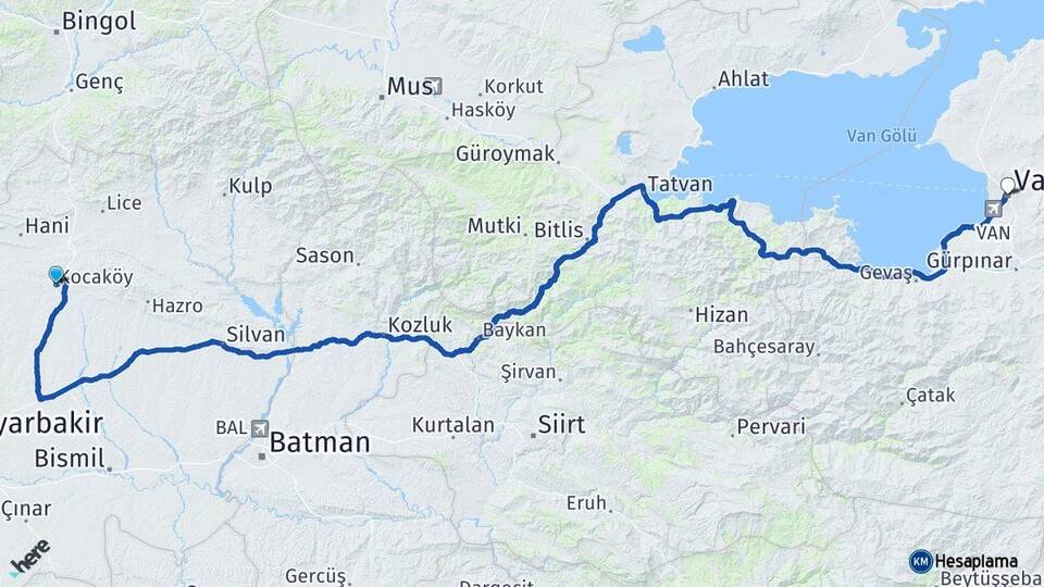 Diyarbakır Kocaköy Van Arası Kaç Km - Yol Haritası