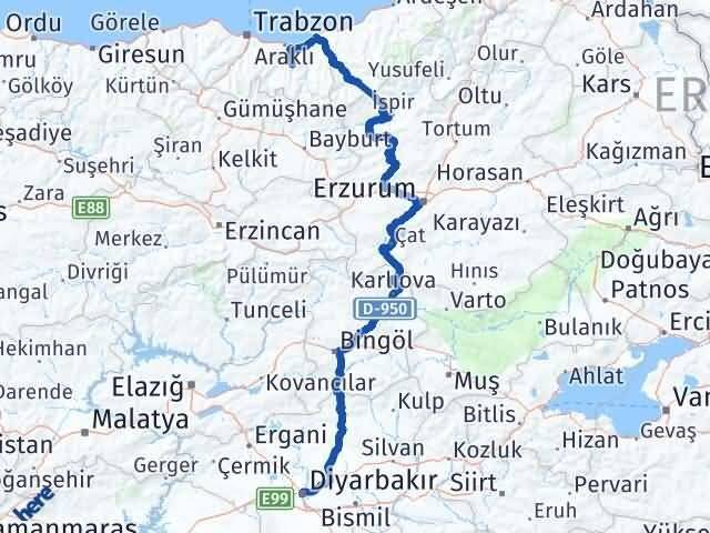 Diyarbakır Köprübaşı Trabzon Arası Kaç Km - Yol Haritası
