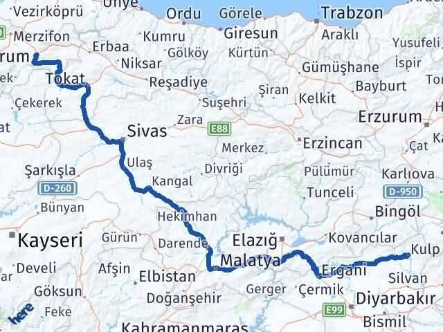 Diyarbakır Kulp Amasya Arası Kaç Km - Yol Haritası