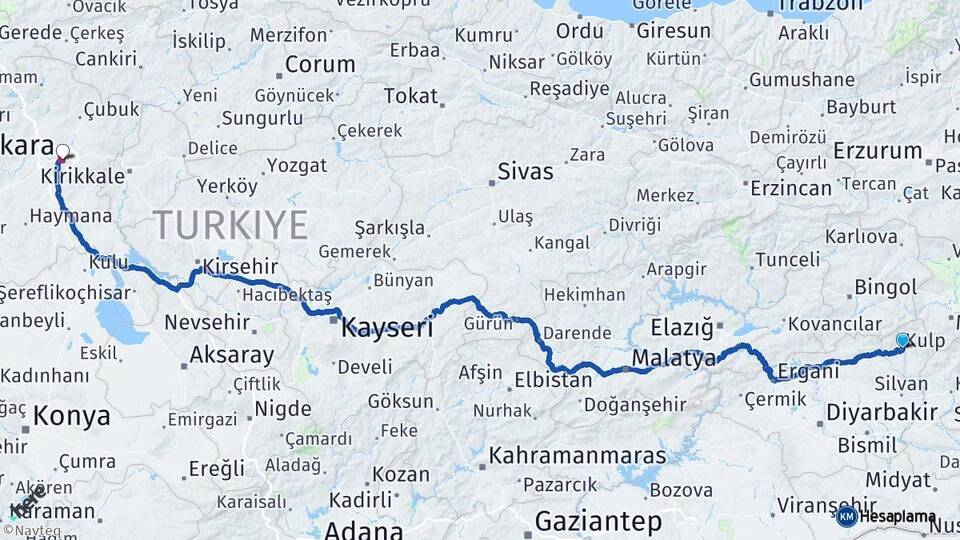 Diyarbakır Kulp Ankara Arası Kaç Km - Yol Haritası