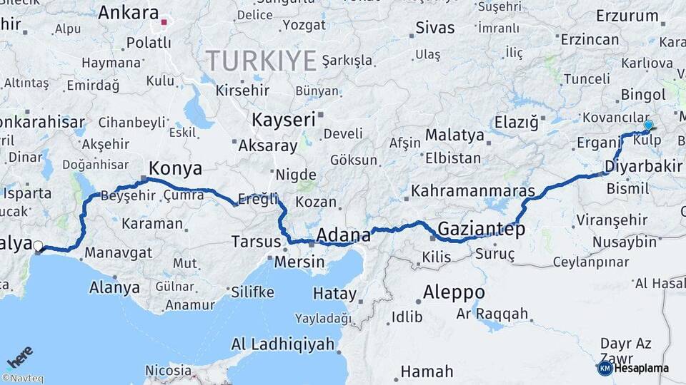 Diyarbakır Kulp Antalya Arası Kaç Km - Yol Haritası
