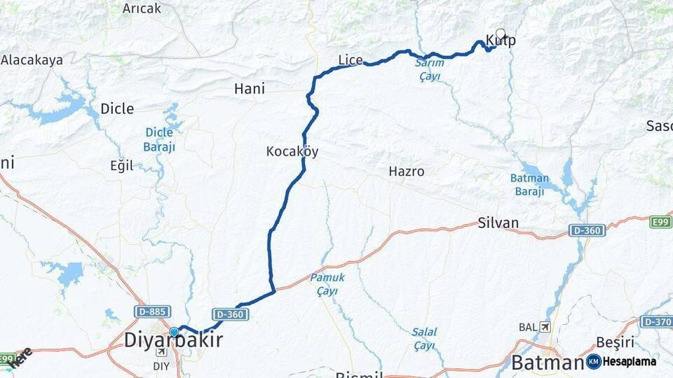 Diyarbakır Kulp Arası Kaç Km - Yol Haritası