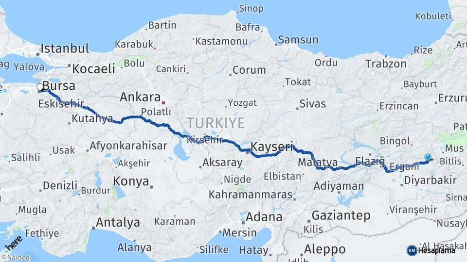Diyarbakır Kulp Bursa Arası Kaç Km - Yol Haritası