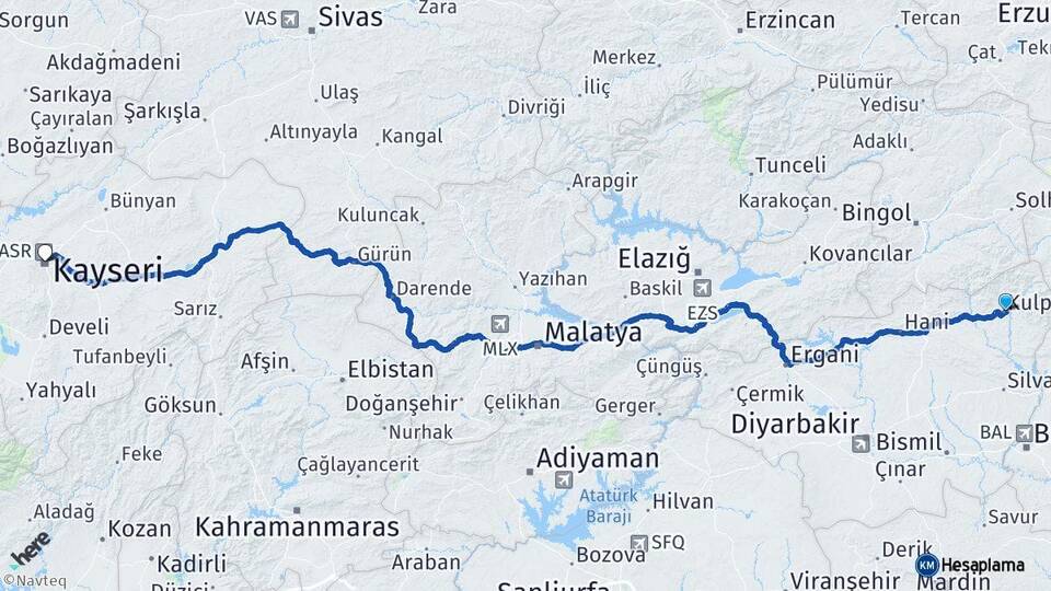 Diyarbakır Kulp Kayseri Arası Kaç Km - Yol Haritası