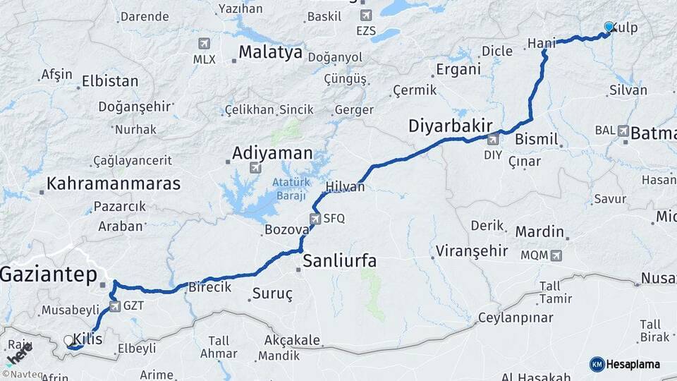 Diyarbakır Kulp Kilis Arası Kaç Km - Yol Haritası