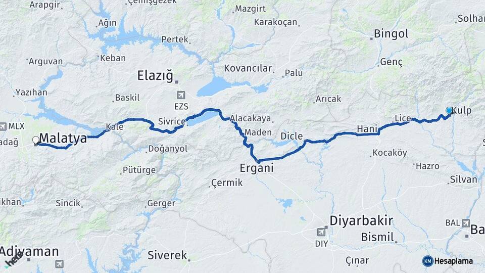 Diyarbakır Kulp Malatya Arası Kaç Km - Yol Haritası